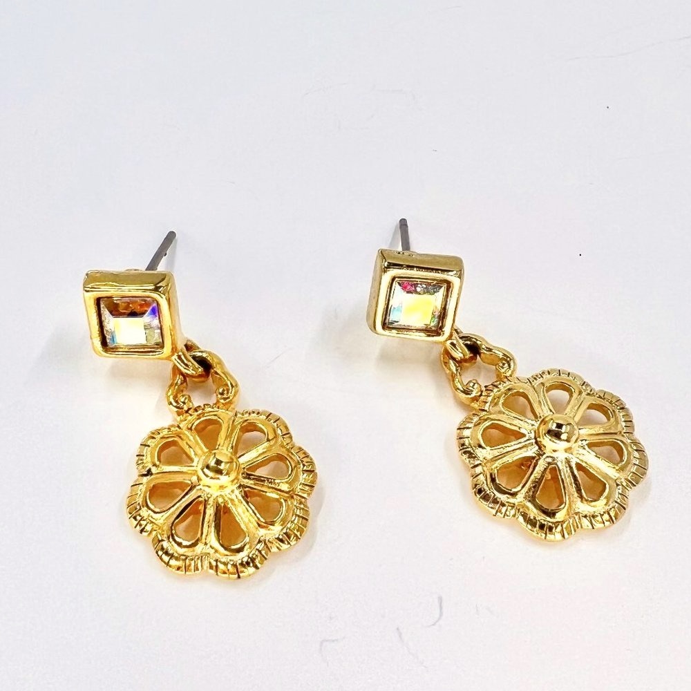 Golan Goldex - Dainty AB Jeweled Gold Tone Circle Flower Shaped Drop Earrings